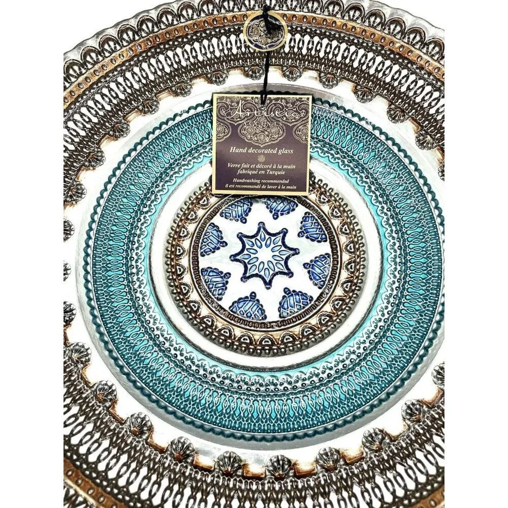 Turkish Glass Round Bowl Dinner Blue Silver Brown Lace Print 13.5